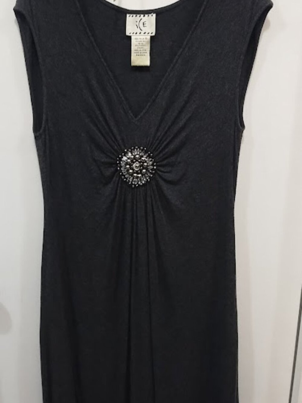 iCE’ Sleeveless V-Neck Dress with Center Jeweled Accent